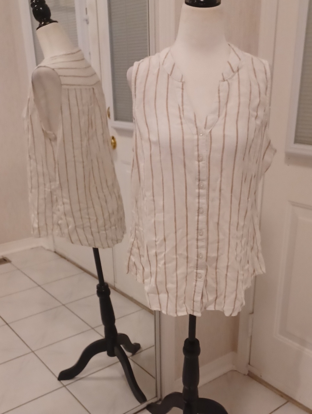 4/$30 White Sleeveless Blouse with Tan Stripes - Size Medium